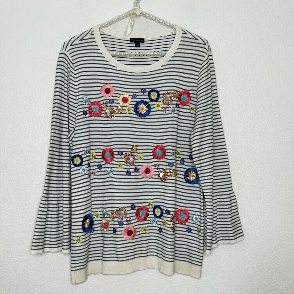 Talbots Sweater Medium Striped Floral Embroidery Beaded Embellish Bell Sleeve